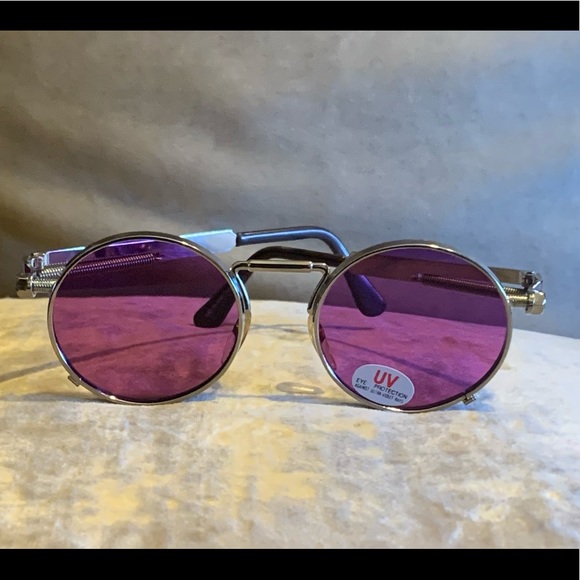 NEW! Purple Round Lens Sunglasses Silver Designed Metal Spring Sides - Picture 10 of 14